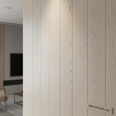 Gepolijste natuurlijke Amerikaanse witte as binnenwandpanelen ontworpen om een elegante houten textuur en prestaties te bieden voor binnenruimtes